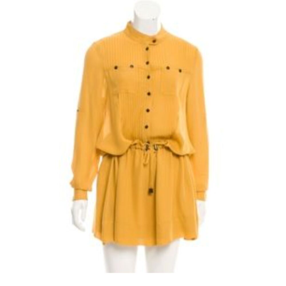 Hanley Mellon 100% Silk Mustard Pintuck Shirt Dress Long Sleeve Size 8